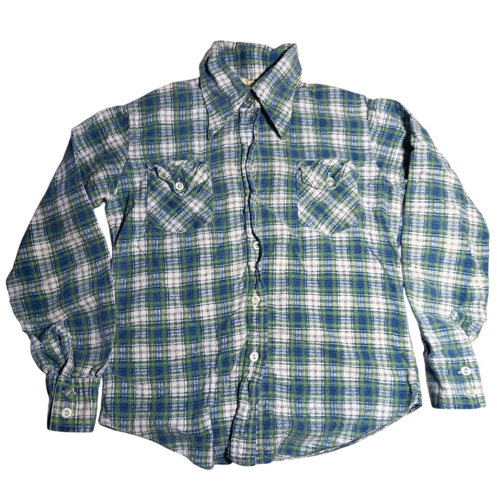 10 Vintage 1970's Girls Shirt BLUE/GREEN COTTON FLANNEL HAPPINESS IS Hippy Top